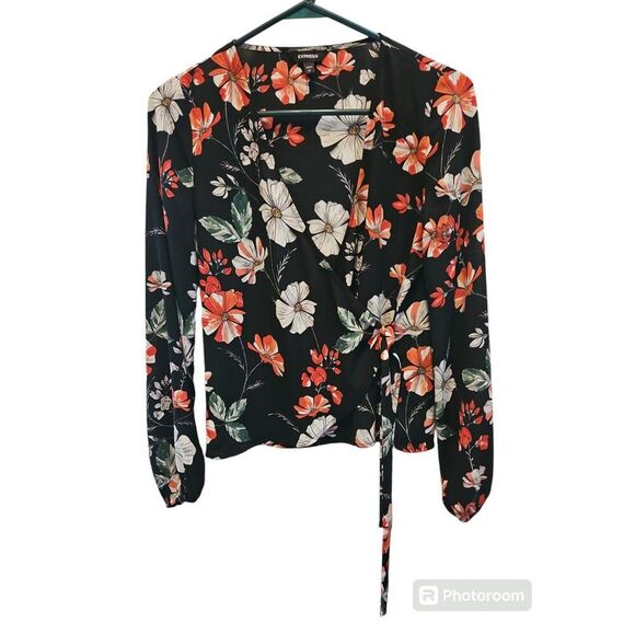 Express Floral Wrap Top Long Sleeves V-Neck Black Sz S - Picture 4 of 7